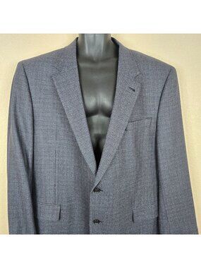 Jos A Bank Signature Mens Wool Sport Coat Blazer 48L Blue Houndstooth 2 Button N